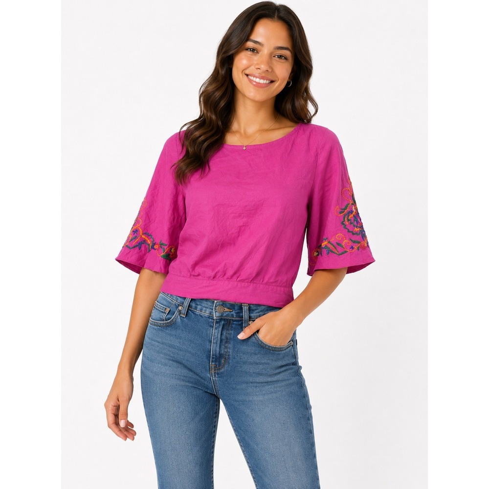 Isa & Ella Magenta Pink Cotton Embroidered Bell Sleeve Top Small Boho tie back